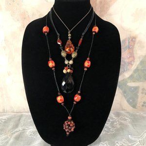 3 Red Orange Theme Necklace Lot Faux Amber Wood Hippie Boho Chic Ethnic Festival